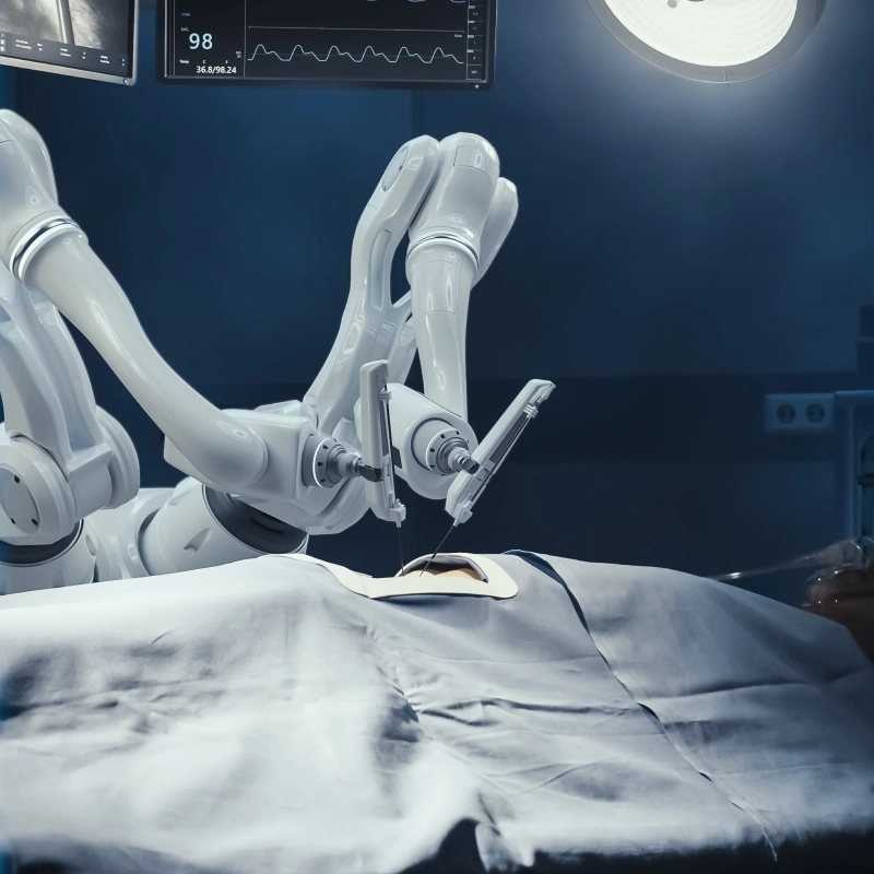 Bras d’un robot chirurgical au-dessus du champ opératoire